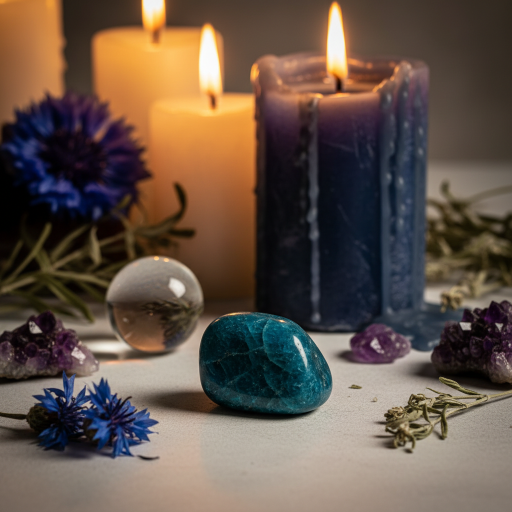 Single blue apatite tumbled stone with cornflowers, amethyst chips and indigo candle