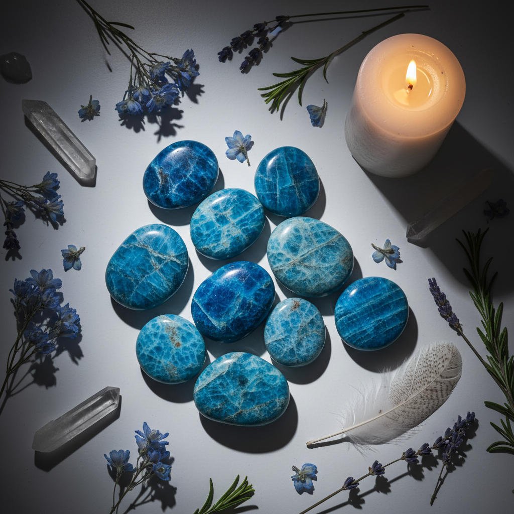 Blue Apatite flat palm stones flat lay with flowers and candle