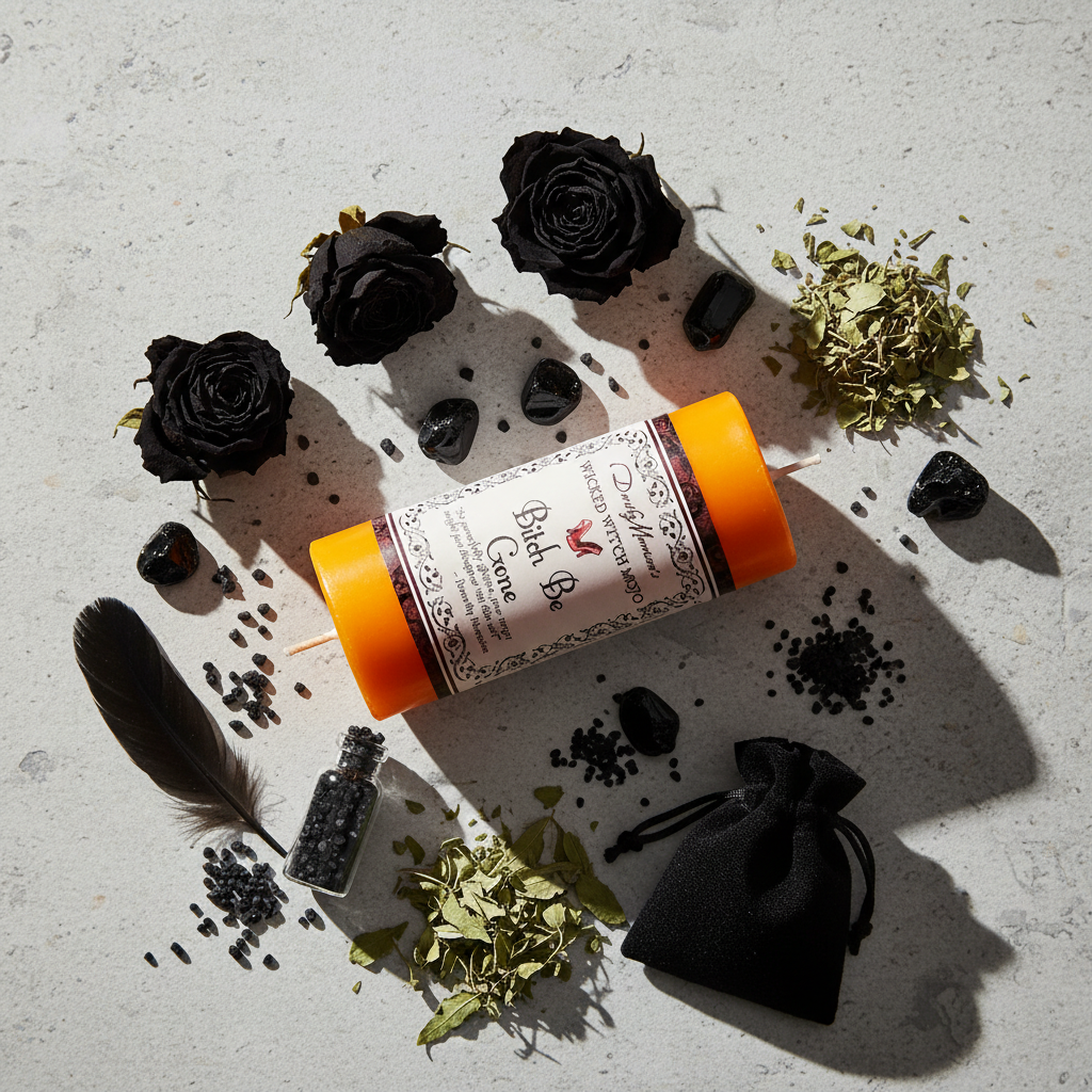Flat lay of Bitch Be Gone candle with black roses, obsidian, herbs and spell components