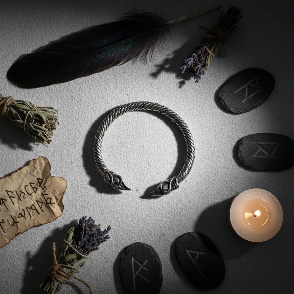 Small Odin's Raven Pewter Viking Bracelet flat lay with rune stones, feather, and candle