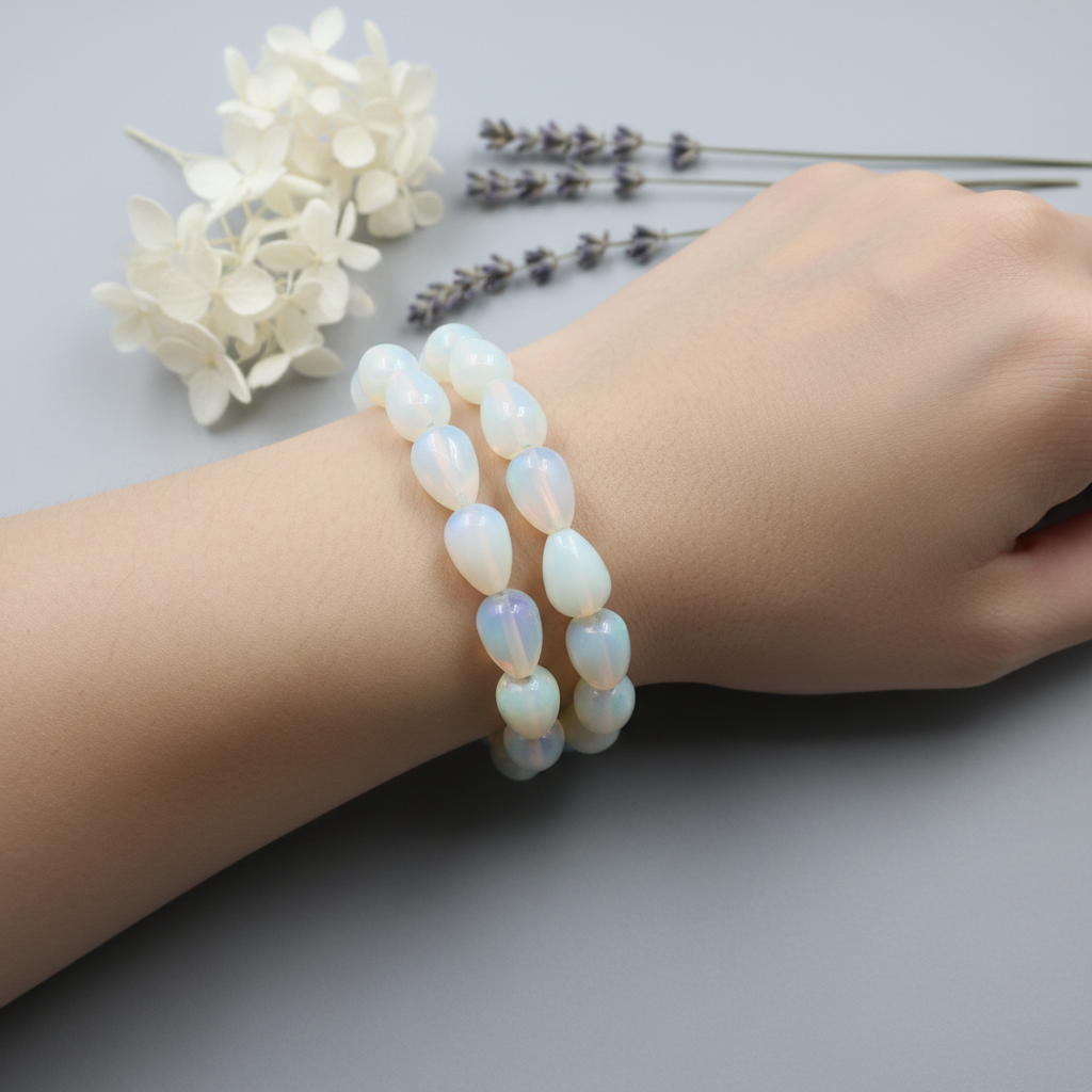 Opalite tumbled nugget bracelet worn on wrist showing milky white iridescent beads in soft atmospheric light