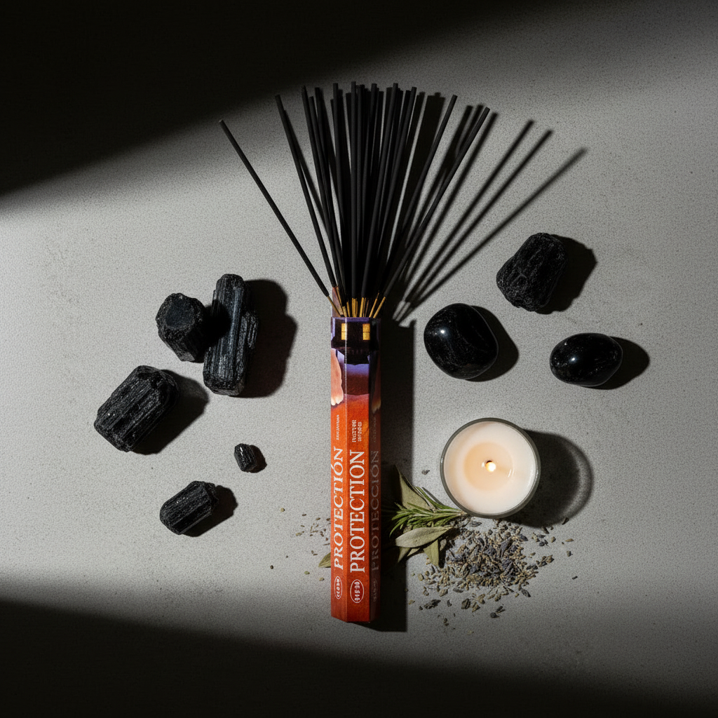 HEM Protection incense sticks flat lay - hexagonal box horizontal with sticks, crystals and candle