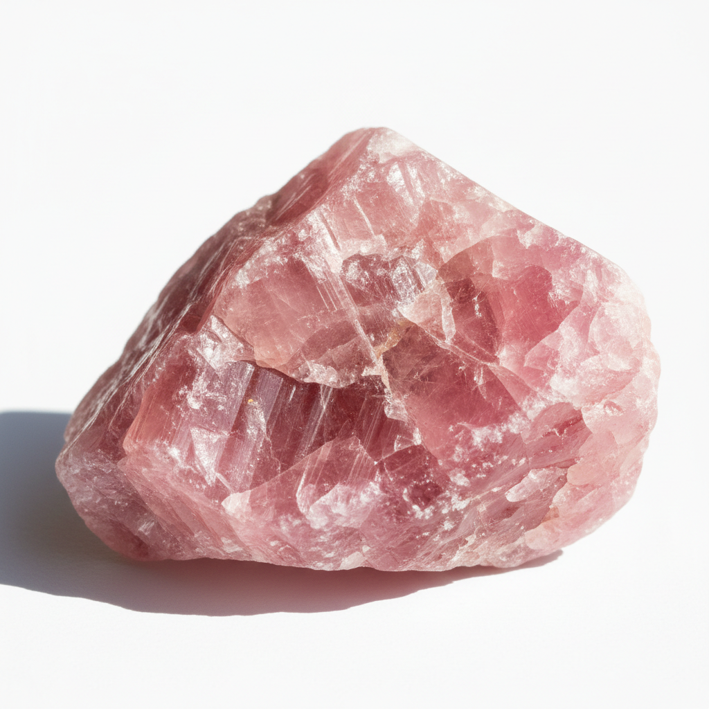 Natural raw pink tourmaline crystal with rough unpolished surfaces showing delicate pink hues