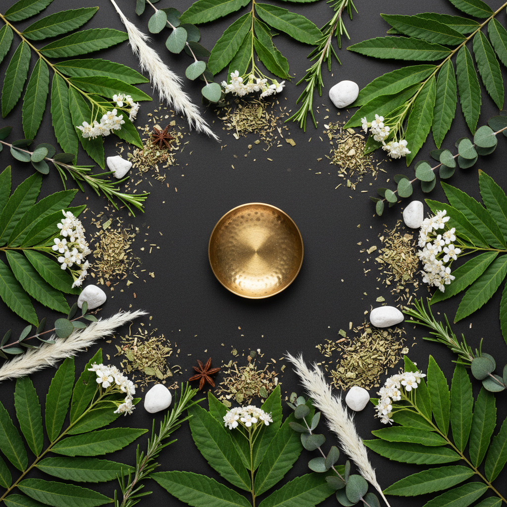 Camphor ritual flat lay with green leaves and botanicals
