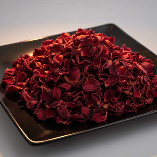 Dried red rose petals on black ceramic plate hero shot