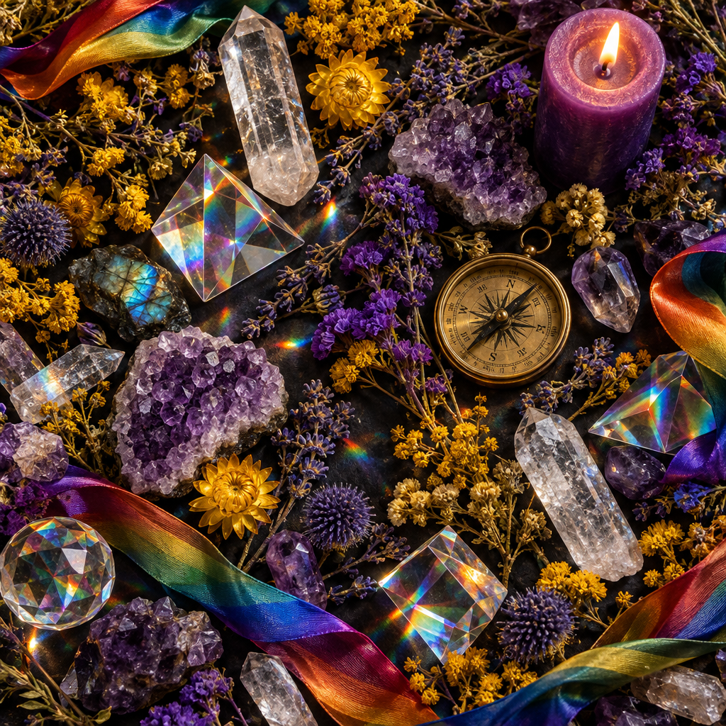 Props-only flat lay of prisms, crystals, flowers, rainbow silk and a violet candle on charcoal