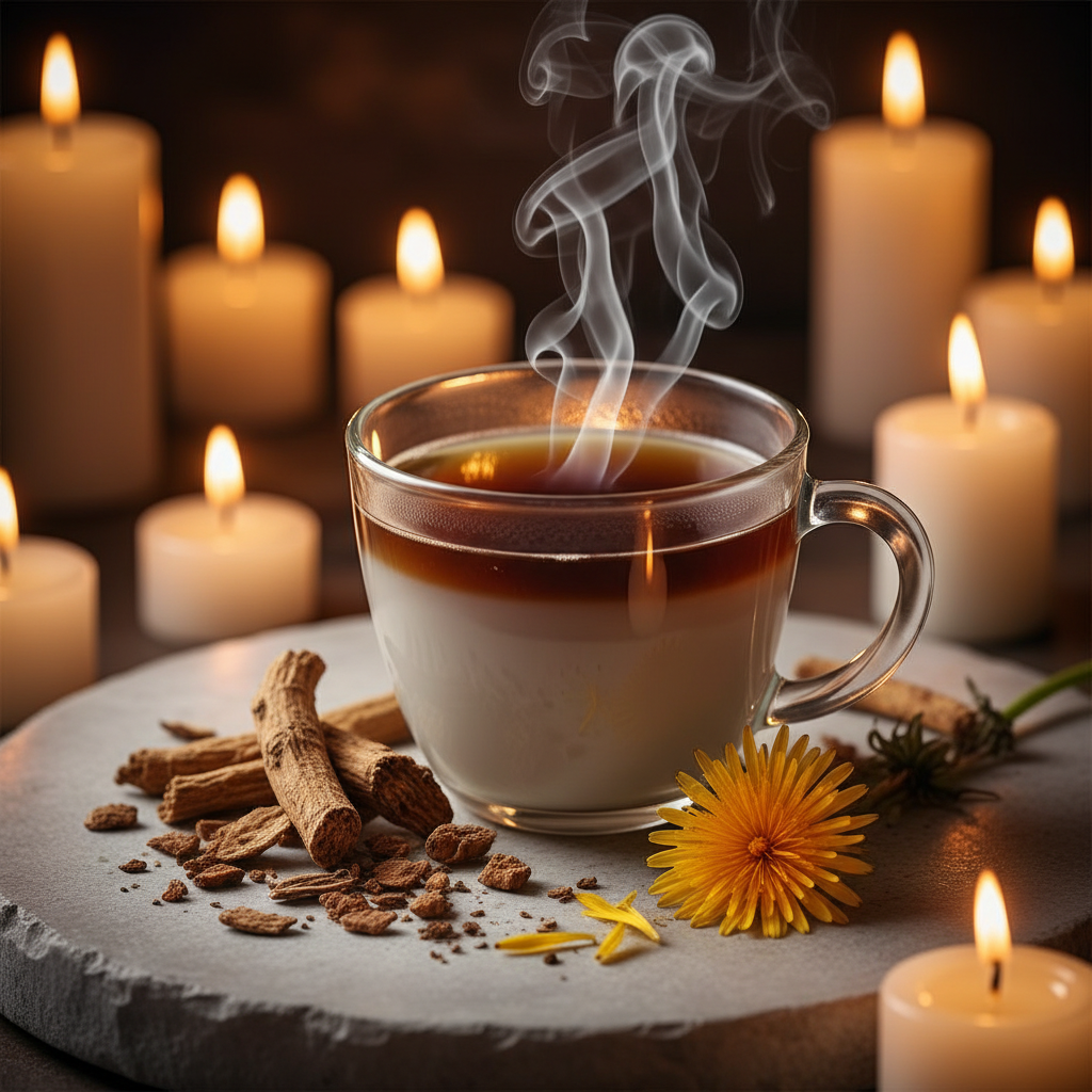 Dandelion root herbal tea steaming cup lifestyle shot