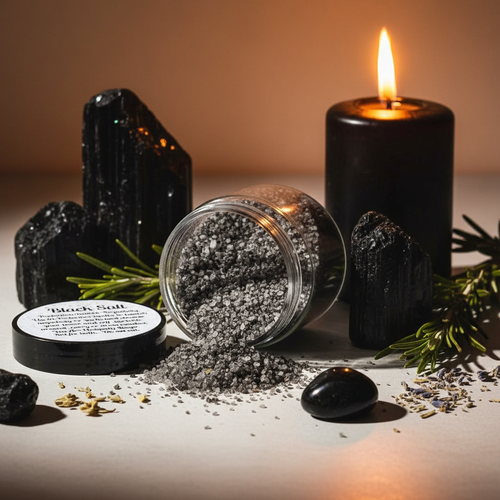Black Witches Salt lifestyle shot - open jar with salt, crystals and black candle