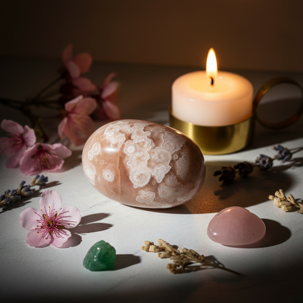 Single flower agate tumbled stone with pink cherry blossoms, rose quartz, green aventurine and candle in warm candlelight