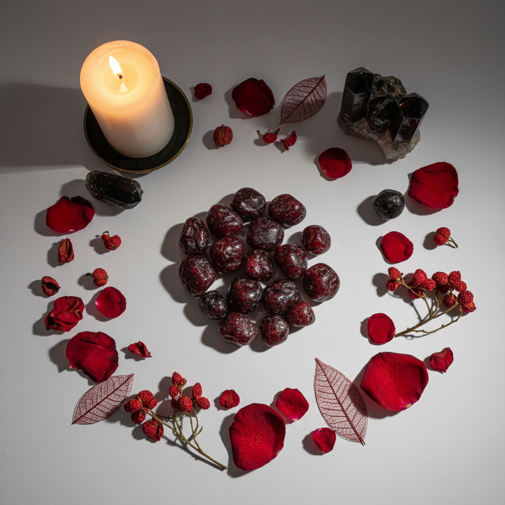 Garnet tumbled stones flat lay top-down with rose petals, botanicals and candlelight
