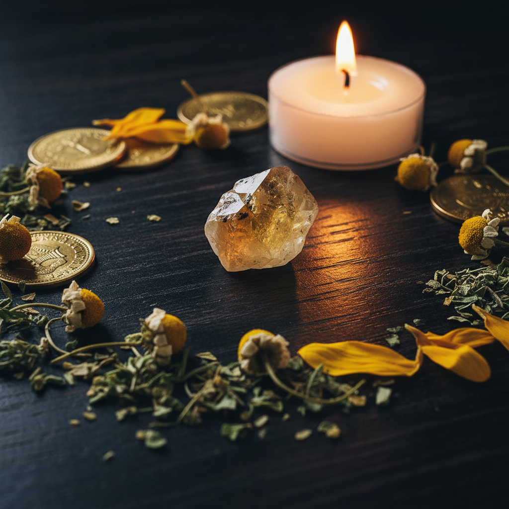 Single small raw citrine natural point with gold coins, chamomile flowers and candle props