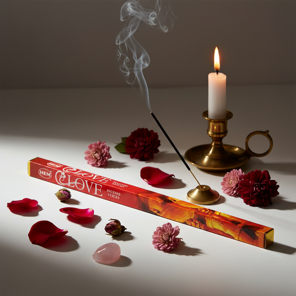 HEM Love Incense Sticks burning with smoke, rose quartz and rose petals