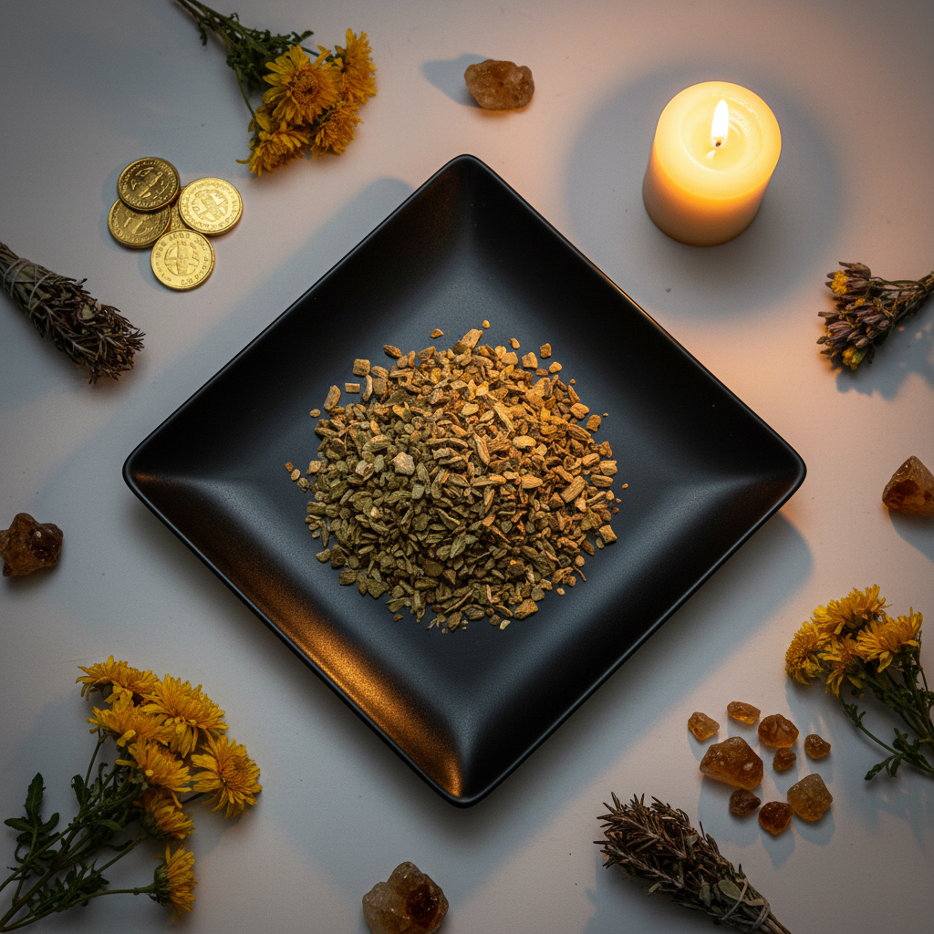 Yellow Dock Root flat lay with gold coins and candle