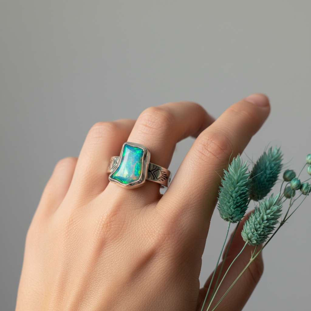 Hand wearing Ethiopian freeform opal ring close-up with vivid teal-blue-green color play and engraved silver band