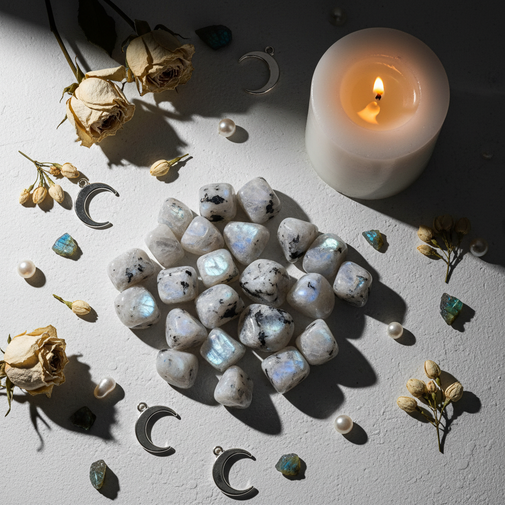 Flat lay of rainbow moonstone tumbled stones with adularescence flash, jasmine and pearl props