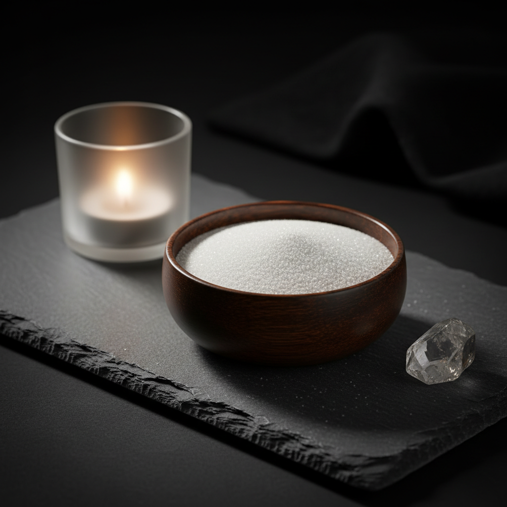 Fine white altar sand in a wooden bowl on dark slate surface with ritual tools