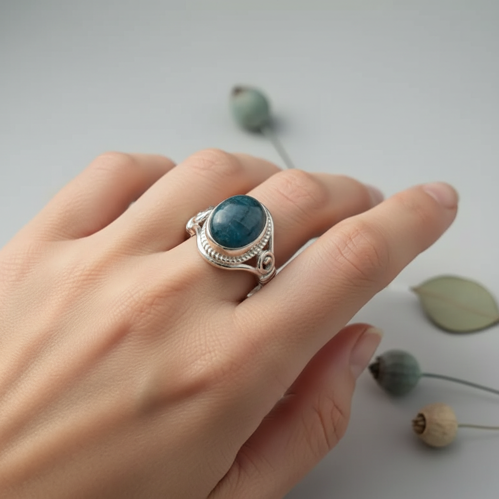 Hand wearing blue apatite V-band knot ring close-up with vivid teal-blue stone in warm light