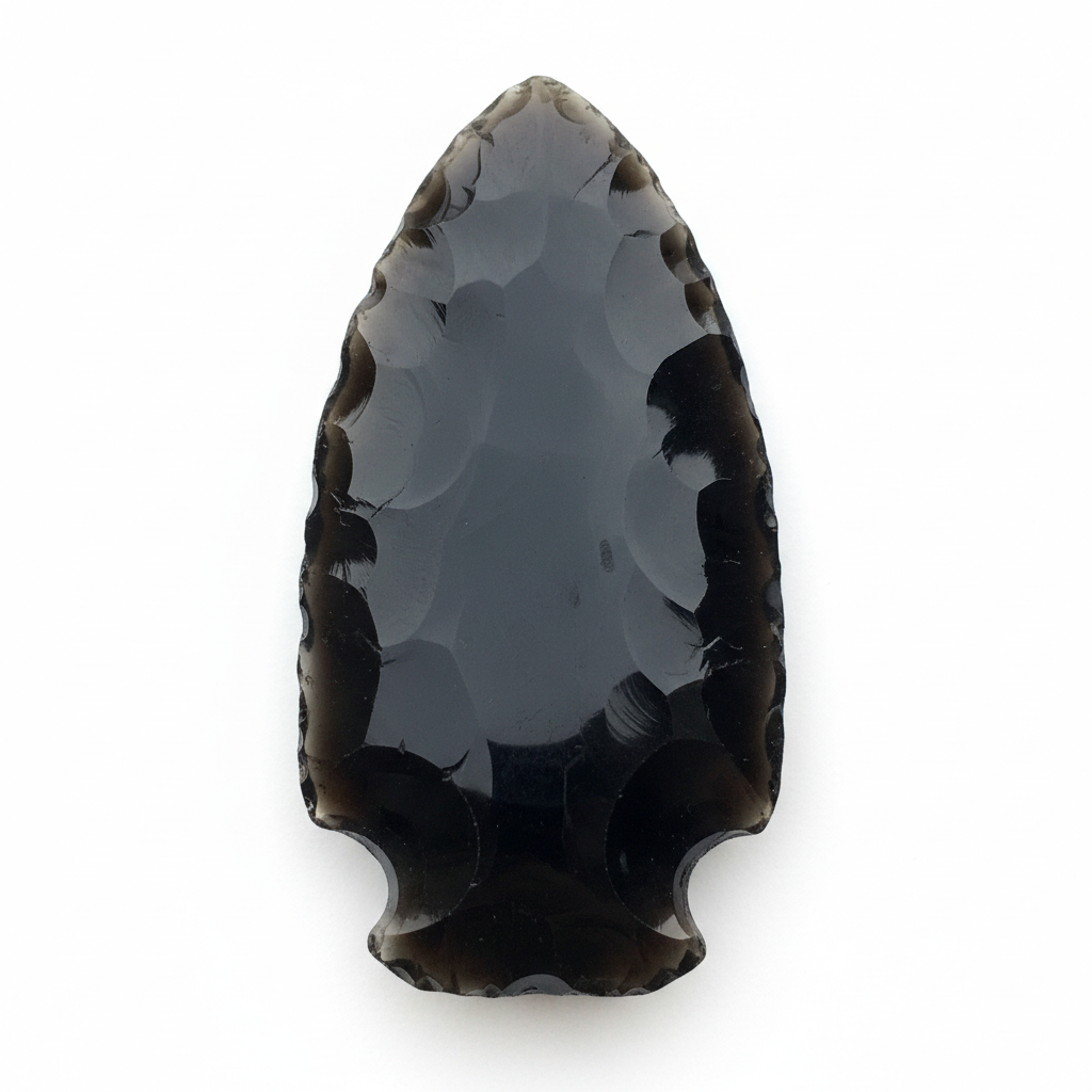 3 inch black obsidian arrowhead crystal on white background