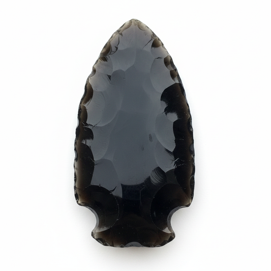3 inch black obsidian arrowhead crystal on white background