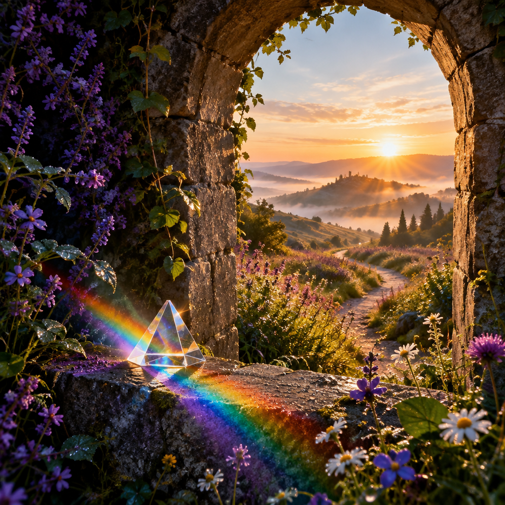 Stone archway opening onto a sunrise path with rainbow prism light, inspired by Powerful Perspectives