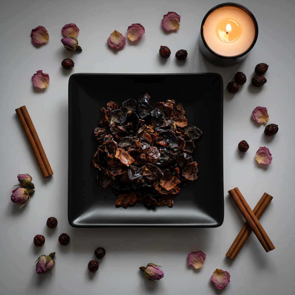 Rose hips flat lay top-down with black ceramic plate, rose petals, cinnamon sticks and candle