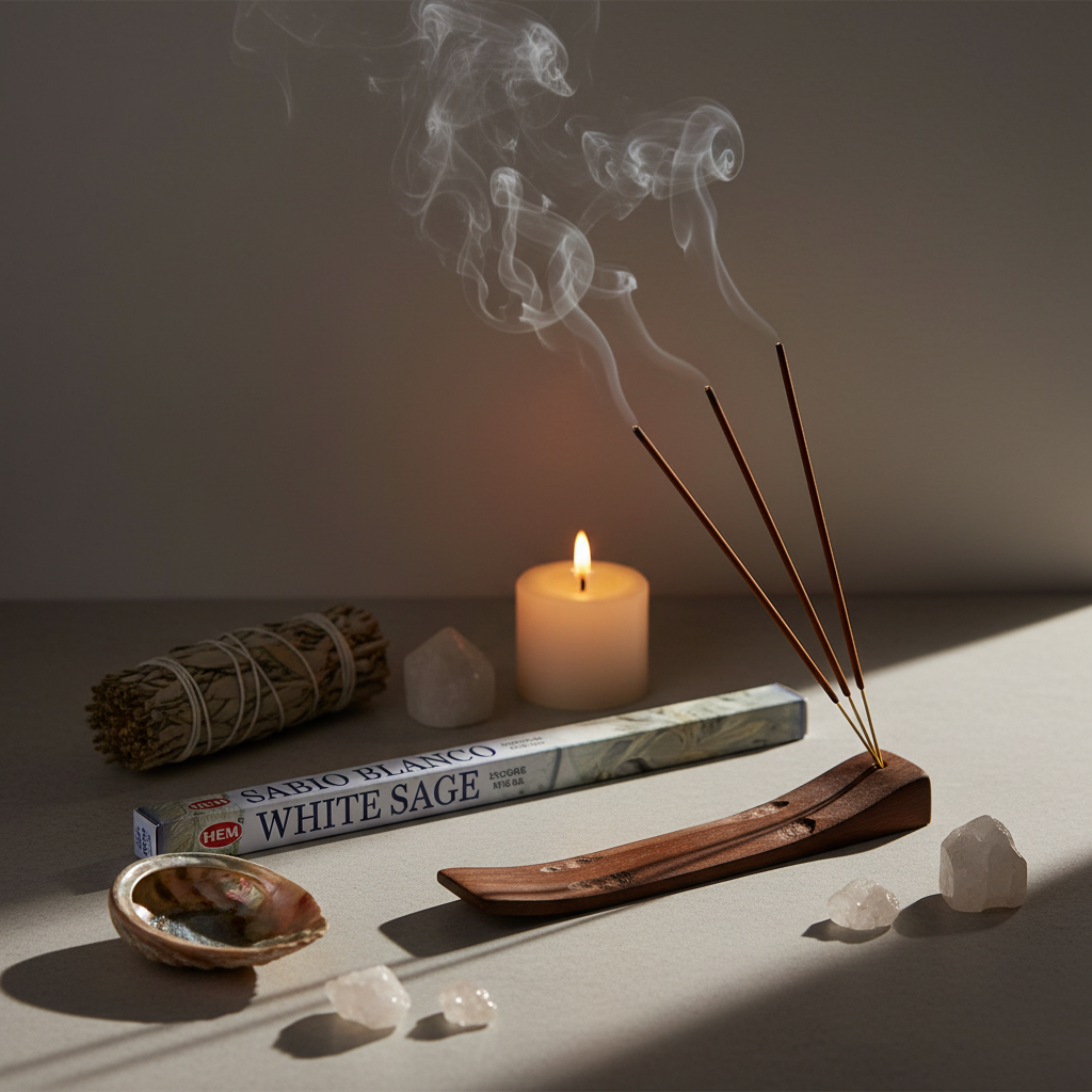 HEM White Sage incense lifestyle shot - burning sticks with smoke, sage bundle and abalone shell
