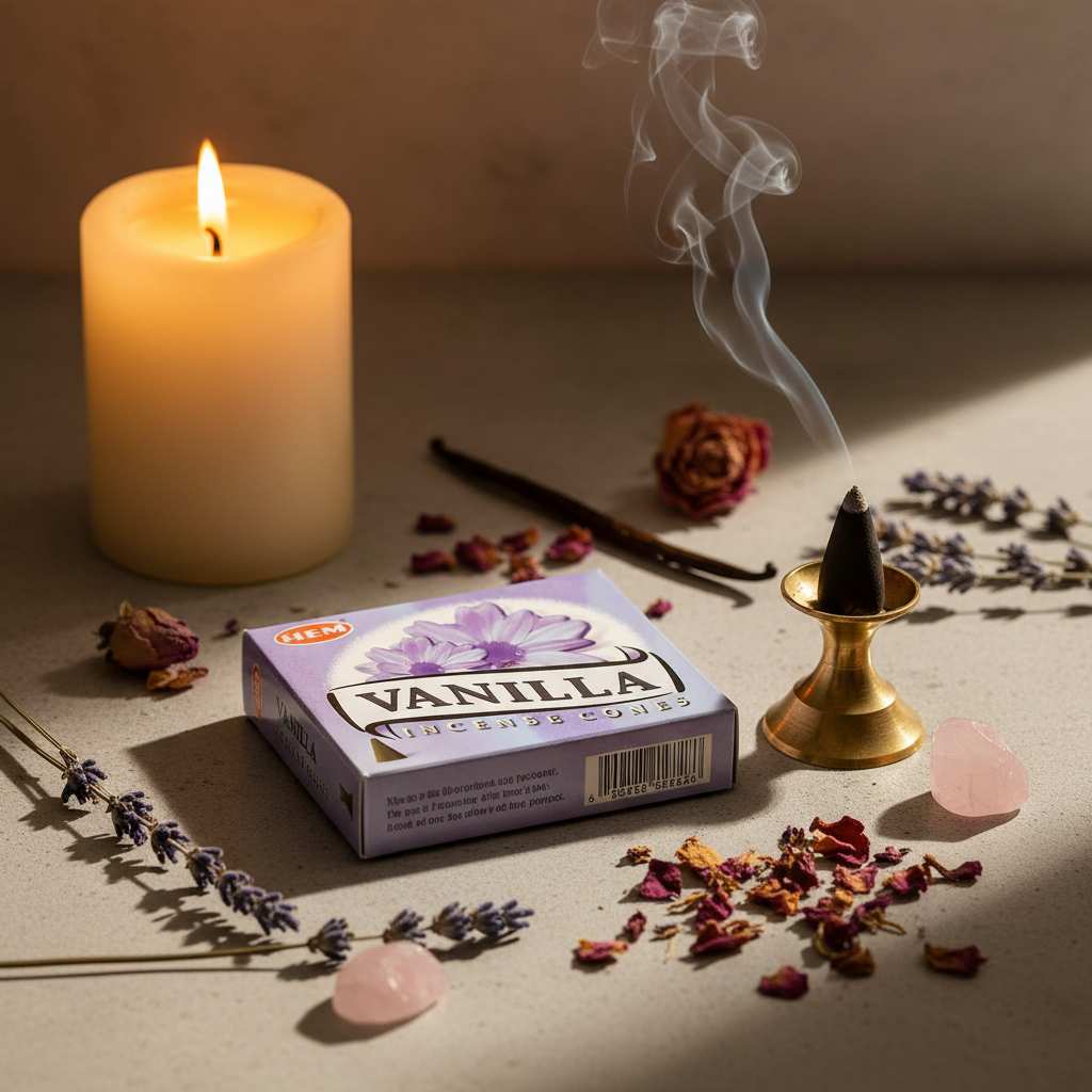 HEM Vanilla incense cone burning with smoke, rose quartz, lavender and candle in warm candlelight