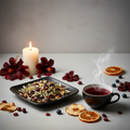 Forever Fruit herbal tea ingredients on black ceramic plate with hibiscus and fruit props