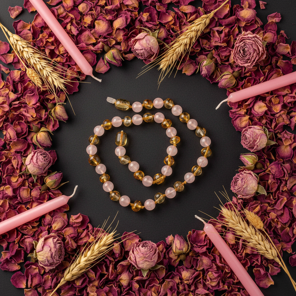 Baltic amber and rose quartz necklace flat lay with pink roses, rosebuds, golden wheat and pink candles on dark charcoal background