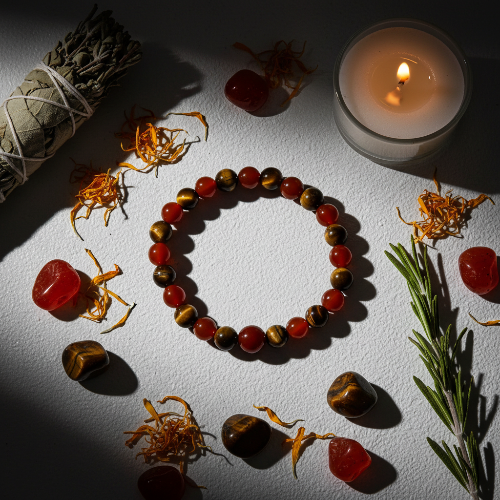 Carnelian and Tiger Eye bracelet flat lay with stones, marigold petals and candle