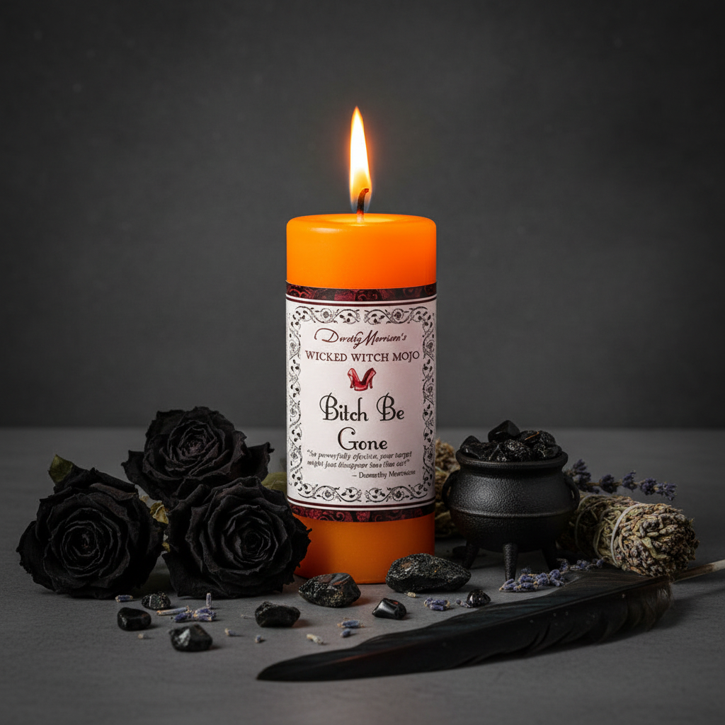 Bitch Be Gone candle burning with flame and smoke, obsidian and black rose props