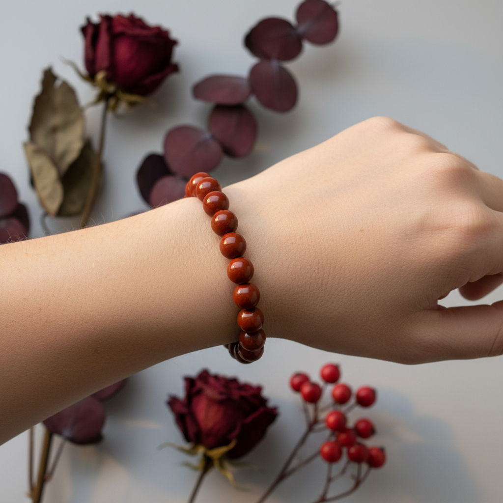 Red jasper beaded bracelet worn on wrist showing deep brick-red opaque round beads in soft atmospheric light
