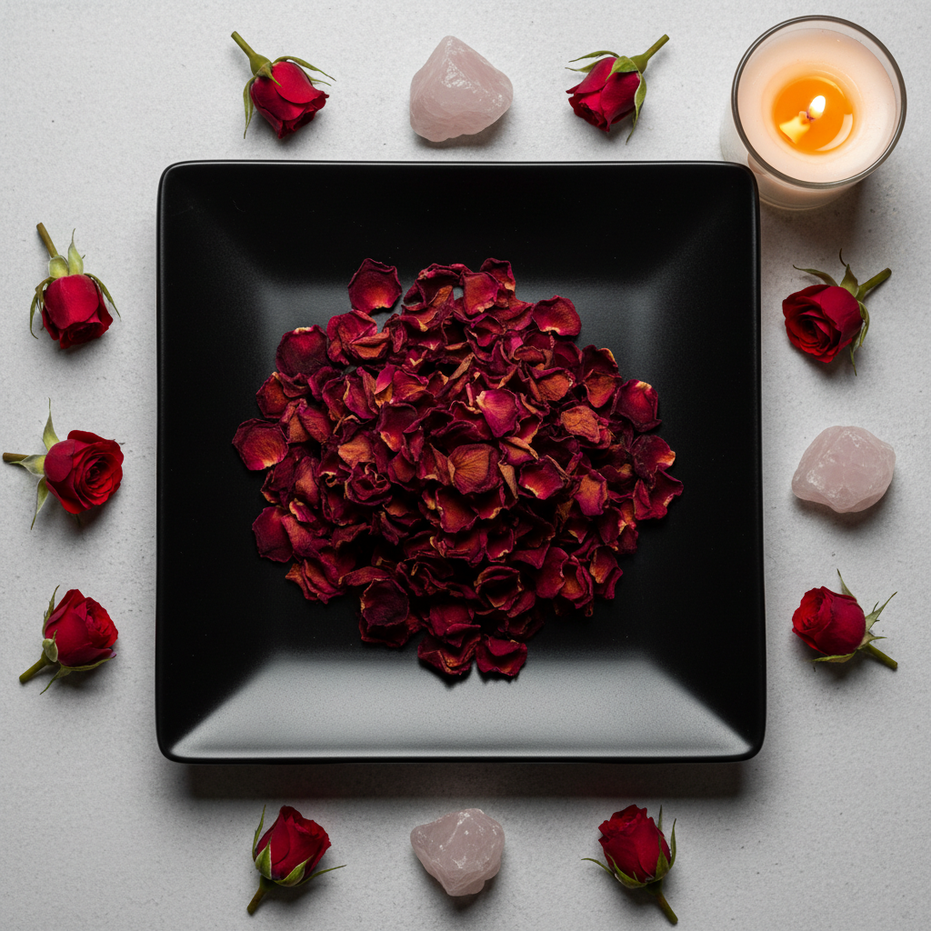 Red rose petals flat lay top down with rose quartz and candle