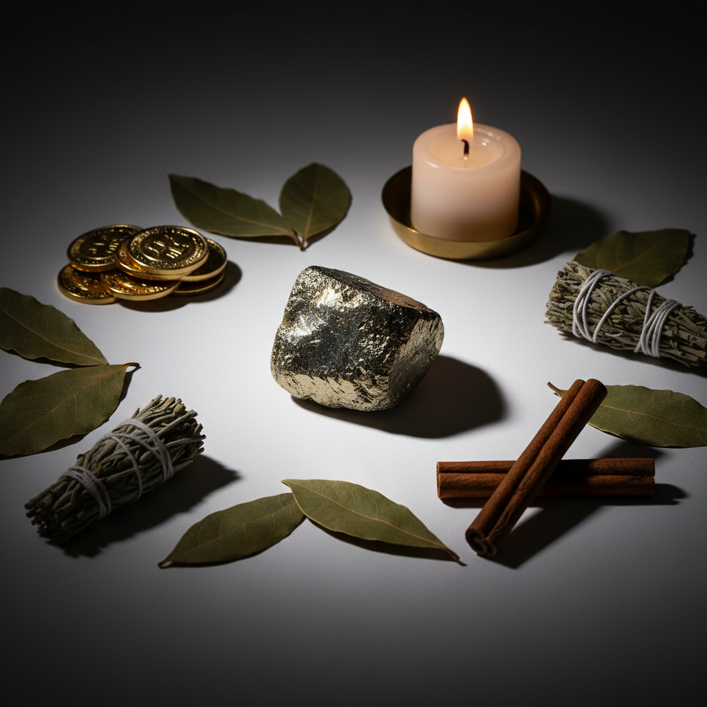 Single pyrite tumbled stone with gold coins, bay leaves and candle prosperity props