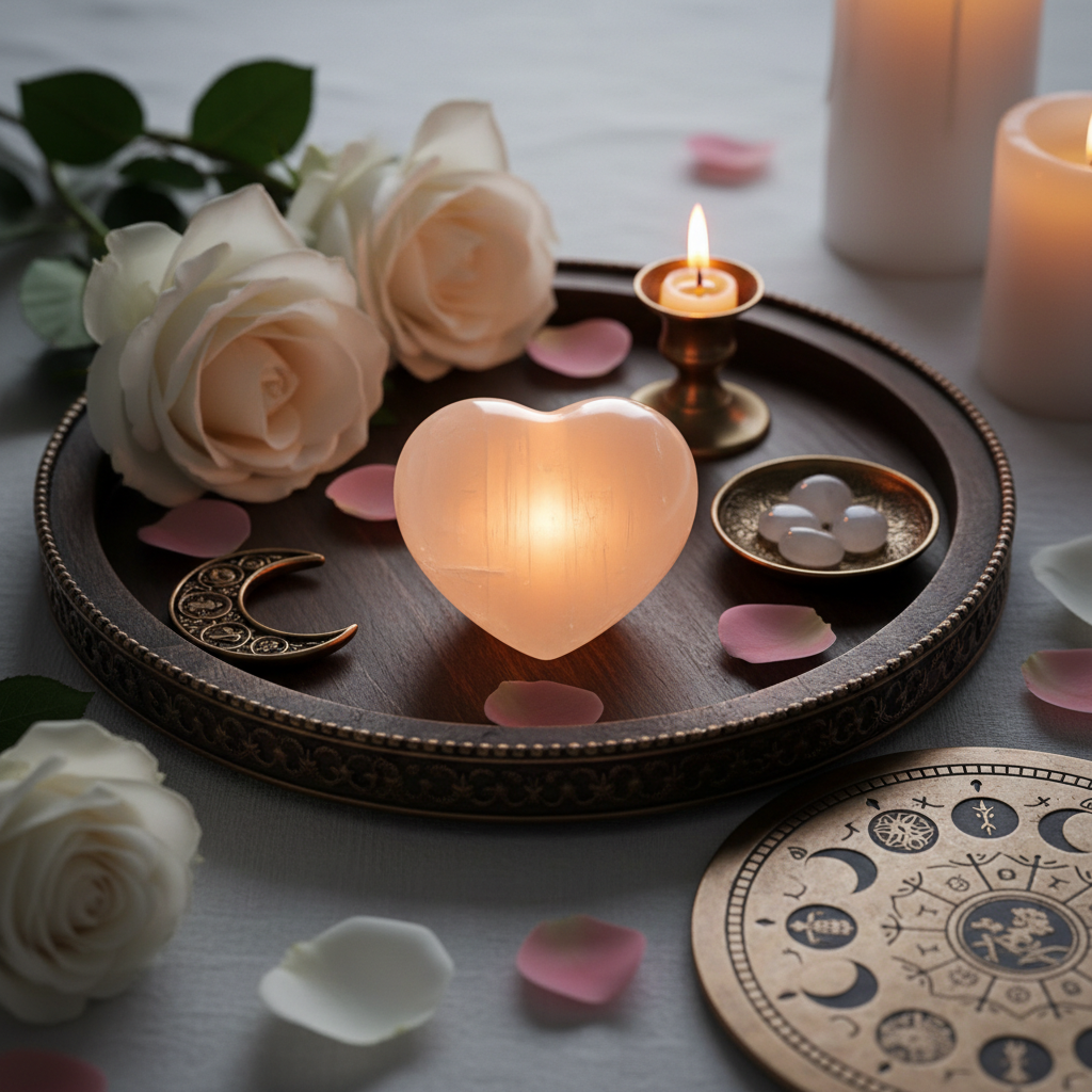 Selenite crystal heart in romantic ritual scene with roses and candle