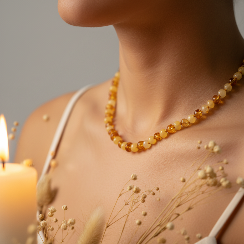 Polished duo gold and cream Baltic amber necklace with alternating gold and cream beads worn against skin in warm candlelight