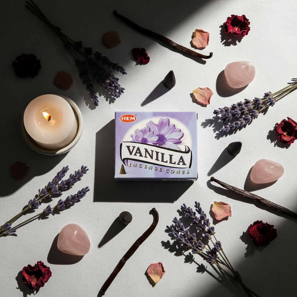 Flat lay of HEM Vanilla Incense Cones box with cones, dried lavender, vanilla pods, rose quartz and candle