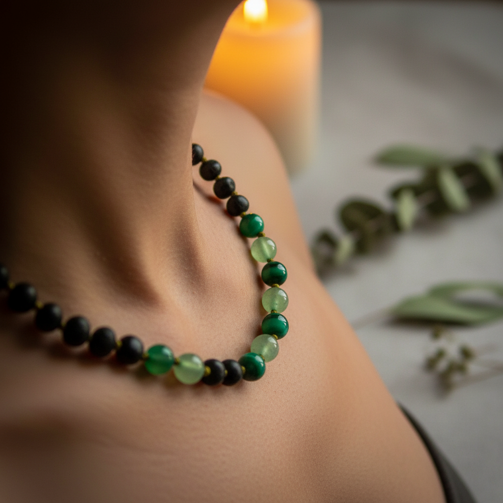 Raw molasses Baltic amber necklace with vivid green aventurine and malachite accents worn against skin in warm candlelight