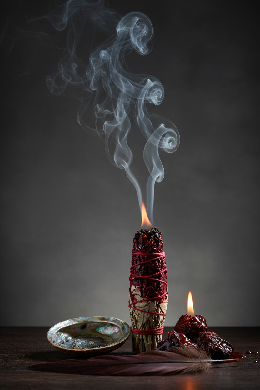 Dragon's Blood White Sage bundle lifestyle shot lit with smoke, abalone shell and crystals