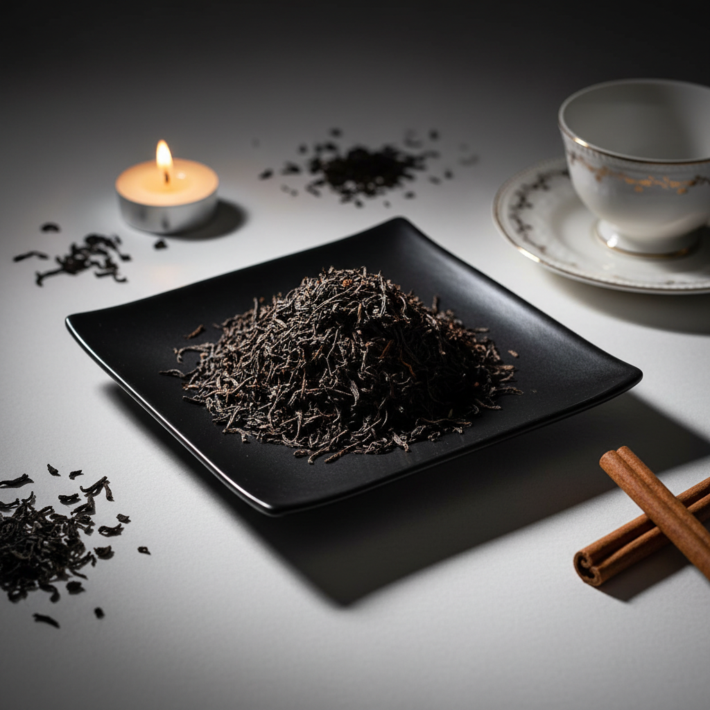 Loose leaf English Breakfast black tea on black ceramic plate with teacup and candle