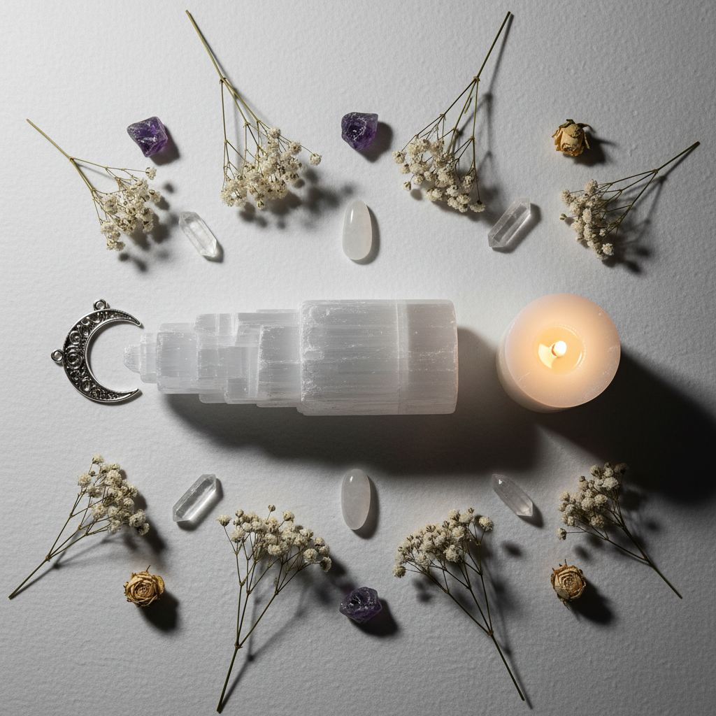 Flat lay of selenite crystal tower with white flowers, crystals and candle