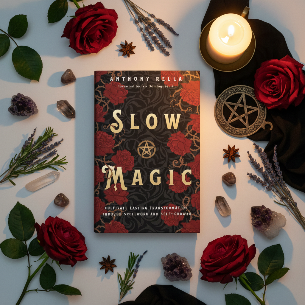 Slow Magic flat lay top-down with red roses, pentacle and witchcraft props