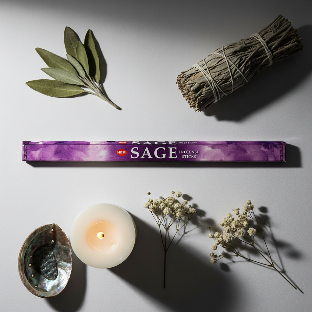 HEM Sage Incense Sticks square-end box flat lay with sage and candle