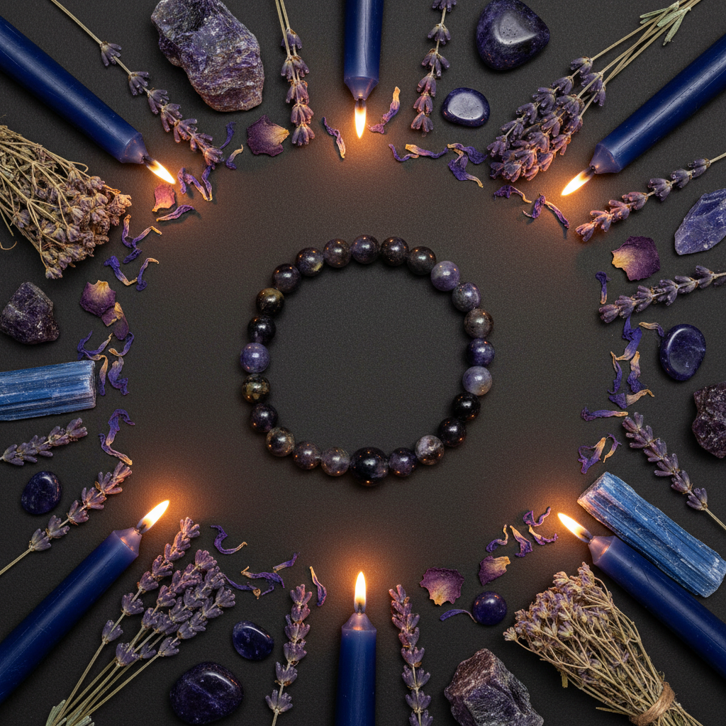 Iolite beaded bracelet flat lay with raw iolite chunks, indigo tumbles, lavender and candles on dark charcoal background