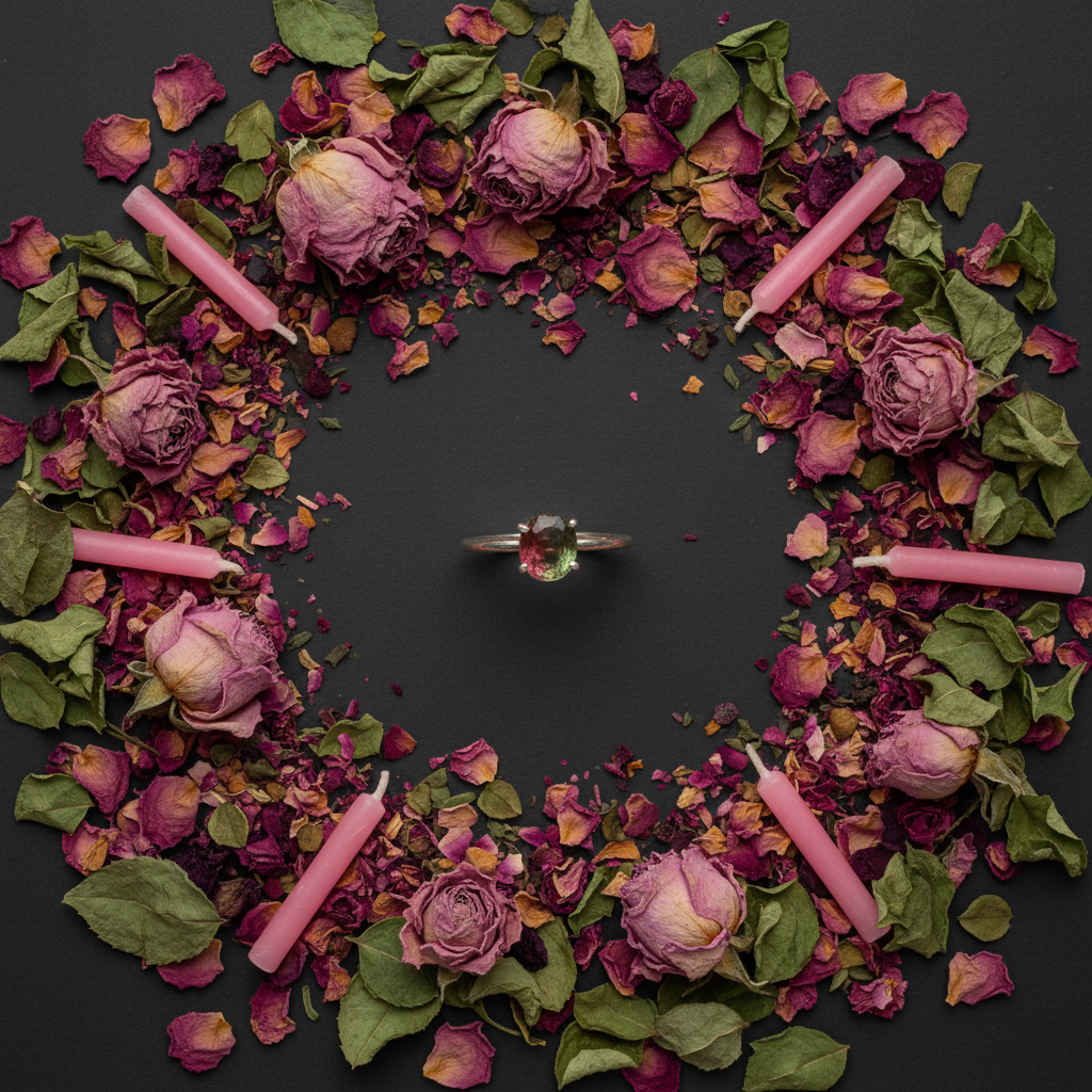 Watermelon tourmaline ring flat lay with pink roses, green botanicals and pink candles on dark charcoal background