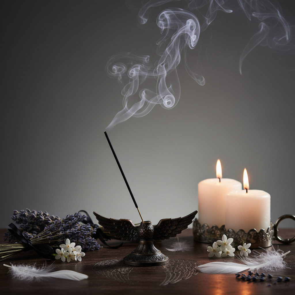 Dark Angel incense stick burning with ethereal smoke and angel-themed props