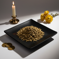 Yellow Dock Root dried herb on black ceramic plate hero shot
