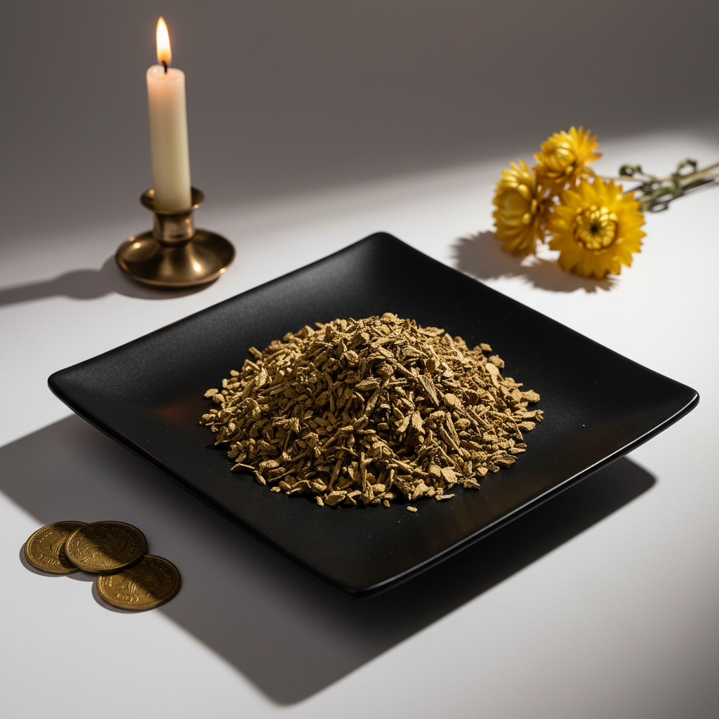 Yellow Dock Root dried herb on black ceramic plate hero shot