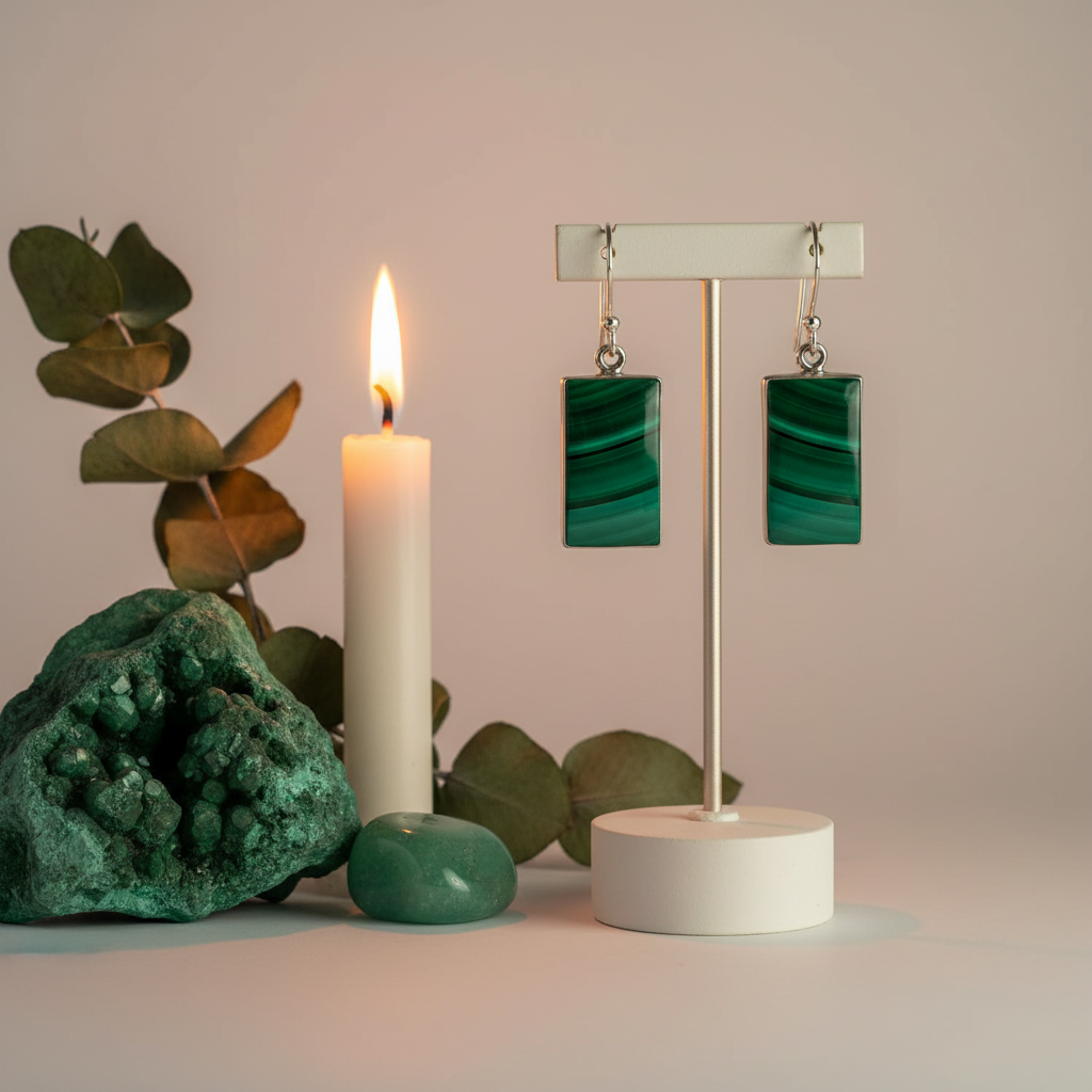 Malachite rectangle dangle earrings with sterling silver bezel on light grey background with raw malachite and eucalyptus