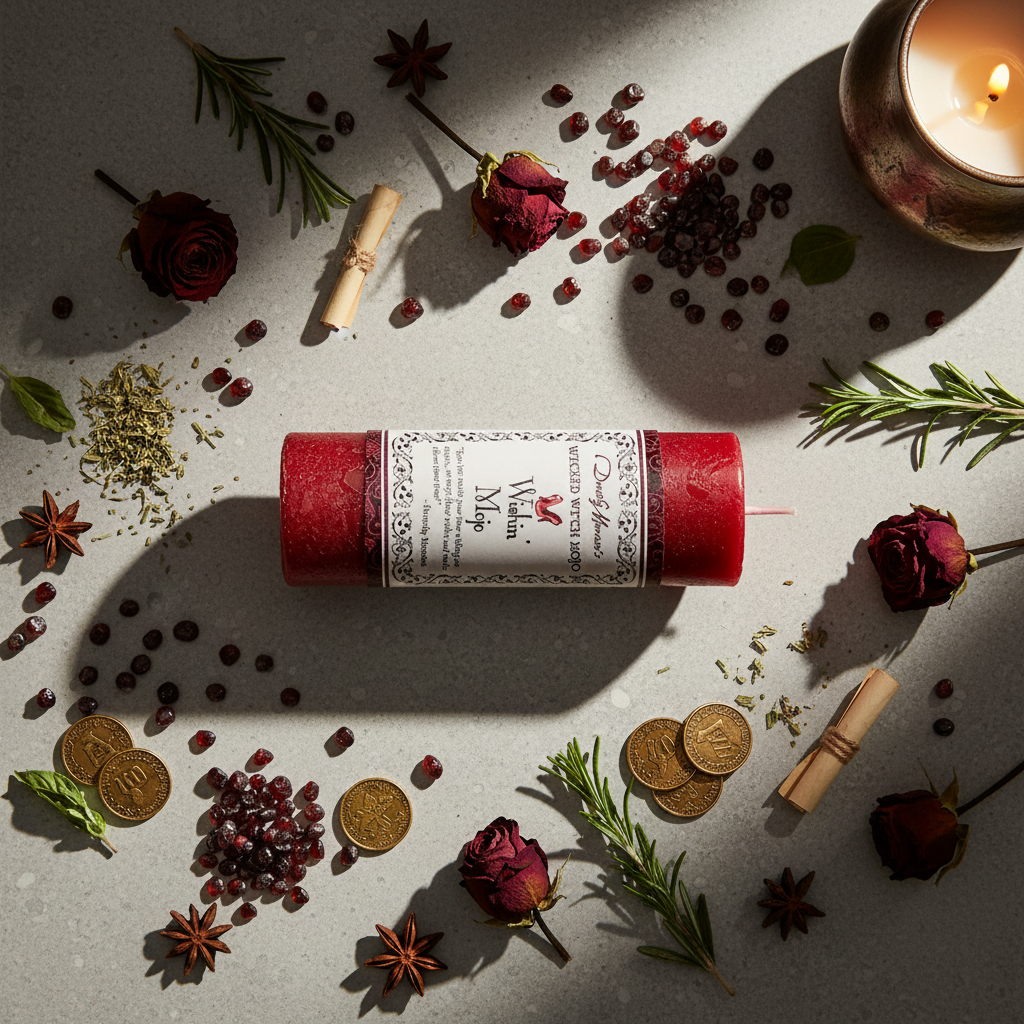 Flat lay of Wishin Mojo candle with red roses, gold coins, star anise and wish paper props